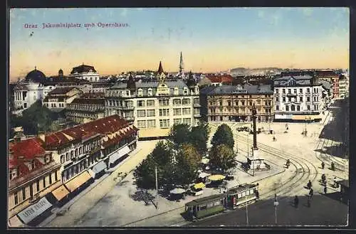 AK Graz, Jakominiplatz mit Geschäften, Strassenbahn und Opernhaus