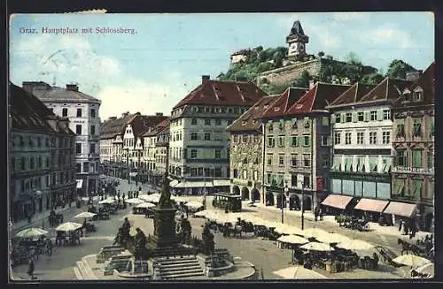 AK Graz, Hauptplatz mit Schlossberg und Strassenbahn