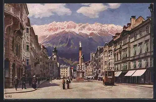 Künstler-AK Innsbruck, Strassenbahn in der Maria Theresienstrasse