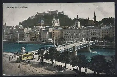 AK Salzburg, Staatsbrücke, Strassenbahn