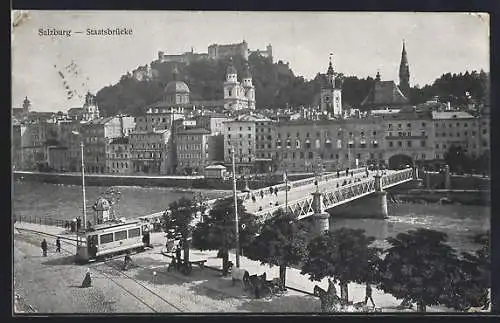 AK Salzburg, Staatsbrücke, Strassenbahn