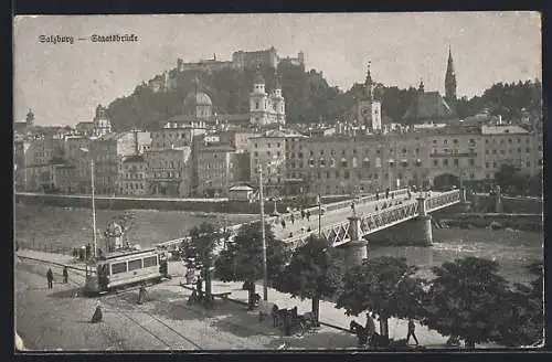 AK Salzburg, Staatsbrücke, Strassenbahn