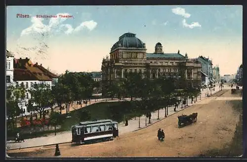 AK Pilsen, Städt. Theater, Strassenbahn