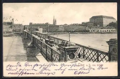 AK Linz, Blick von Urfahr, Strassenbahn