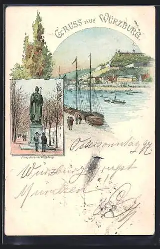 Lithographie Würzburg, Maindampfer bei der Festung, Statue des Stadtheiligen