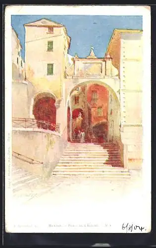 Künstler-AK Ernest Lessieux: Menton, Place de l`Eglise