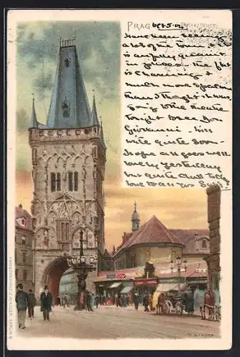 Lithographie Prag / Praha, Strassenleben am Pulverturm