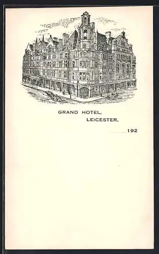 Künstler-AK Leicester, Grand Hotel mit Strasse aus der Vogelschau