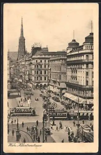 AK Wien, Kärntnerstrasse mit Strassenbahnen aus der Vogelschau