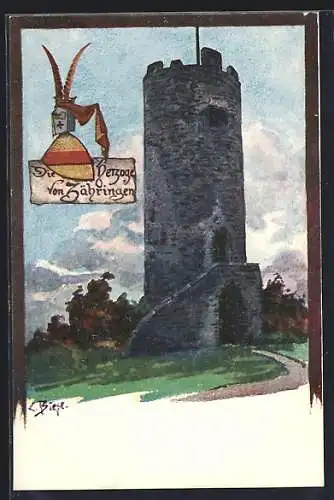 Künstler-AK Carl Biese: Zähringen, Turm auf einem Berg