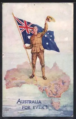 Künstler-AK Australia, For Ever!, Soldat mit Flagge auf dem Kontinent