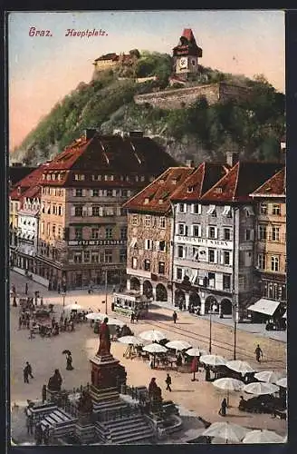 AK Graz, Hauptplatz mit Markt und Strassenbahn