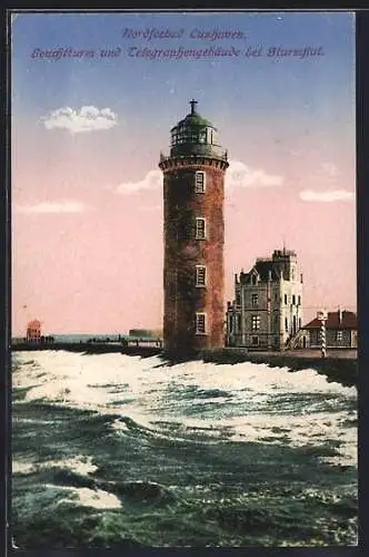 AK Cuxhaven, Leuchtturm und Telegraphengebäude bei Sturmflut