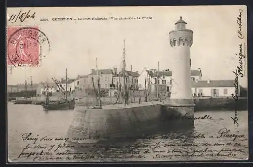 AK Quiberon, Le Port Haliguen avec vue générale et le phare