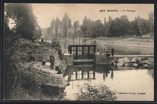 AK Josselin, Le Barrage et vue du château en arrière-plan