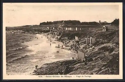 AK Saint-Gildas de Rhuys, Plage de Kerfago avec baigneurs sur la côte rocheuse