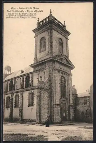 AK Saint-Gildas, Église abbatiale du XVIIe siècle avec tour romane endommagée par la foudre