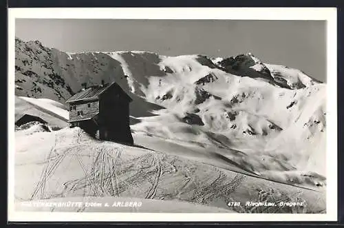 AK Kaltenberghütte, Berghütte am Arlberg im Schnee