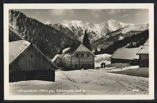 AK Mörsbachhütte, Berghütte mit Schoberspitze im Schnee