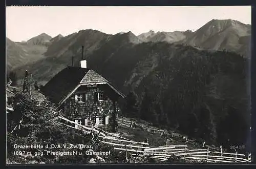 AK Grazerhütte, Berghütte d. D. A. V. Zw. Graz gegen Predigtstuhl und Gamskopf