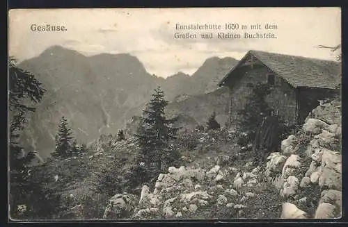 AK Ennstalerhütte im Gesäuse, Ansicht mit dem Grossen und Kleinen Buchstein