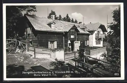 AK Herrgottschnitzerhütte, Berghütte am Wandeck, Hohe Wand, Hüttenansicht