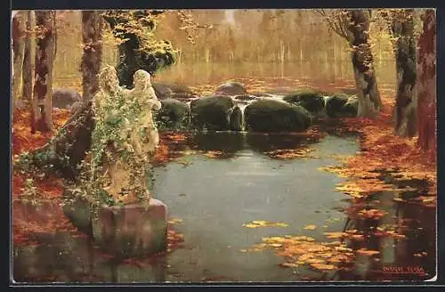 Künstler-AK sign. E. Serra: Vergangene Pracht, Statue eines Paares im Waldsee