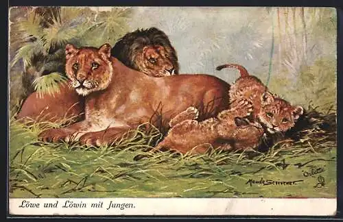 Künstler-AK Löwe und Löwin mit Jungen