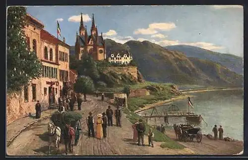 Künstler-AK Remagen, Uferpartie mit Blick zur Apollinariskirche