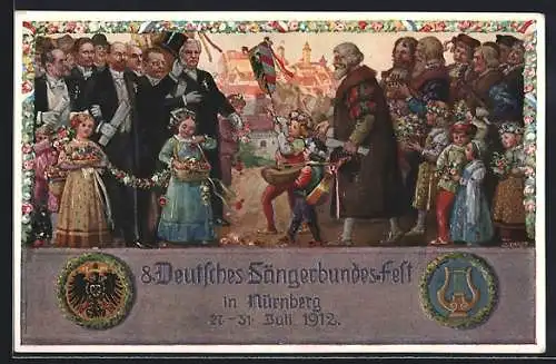 AK Nürnberg, VIII. Deutsches Sängerbundfest 1912, geschmückte Kinder, Harfe, Wappen