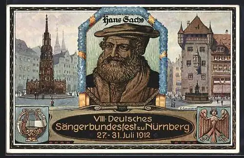 AK Nürnberg, VIII. Deutsches Sängerbundfest 1912, Hans Sachs, Harfe