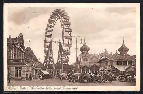 AK Wien, Wiener Prater mit Riesenrad und Hochschaubahn