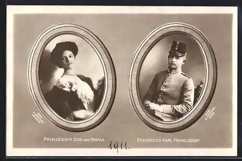 AK Porträts der jungen Prinzessin Zita von Parma & Erzherzog Karl Franz Josef