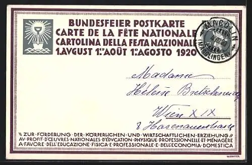 AK Schweizer Bundesfeier 1920, Zur Förderung der Körperlichen und wirtschaftlichen Erziehung, Heuernte