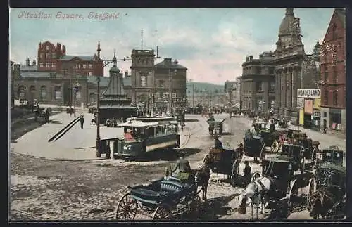 AK Sheffield, Fitzallan Square mit Strassenbahn und Kutschen