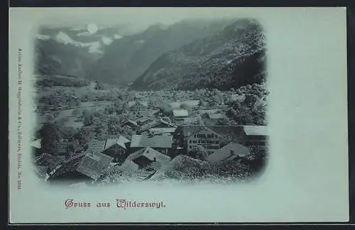 Mondschein-AK Wilderswyl, Ortsansicht gegen die Berge