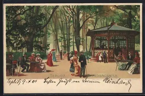 Lithographie Teplitz Schönau / Teplice, Partie im Schlossgarten