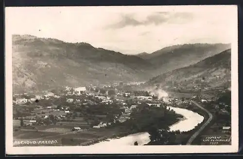 AK Rachov / Rachovo, Blick von einer Anhöhe auf die Ortschaft