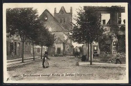 AK Soldau, zerschossene evangelische Kirche