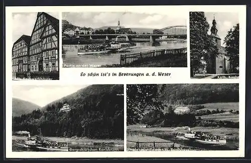 AK Beverungen a. d. Weser, Hotel Waldfrieden mit Bootshaus, Bergschlösschen Karlsbrunn, Alte Fachwerkhäuser