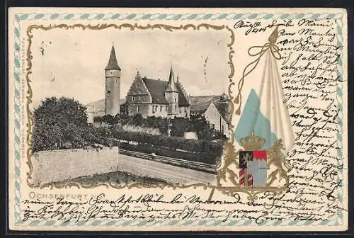 Passepartout-Lithographie Ochsenfurt a. M., Kirche mit Strassenpartie, Wappen und Fahne