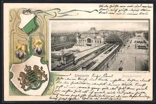 Passepartout-Lithographie Dresden, Blick auf den Hauptbahnhof, Wappen und Schwertlilie