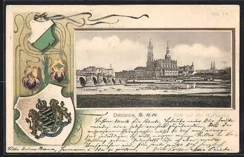 Passepartout-Lithographie Dresden, Blick auf die Hofkirche, Wappen und Schwertlilie