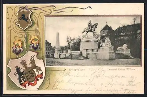 Passepartout-Lithographie Stuttgart, Denkmal Kaiser Wilhelm I., Wappen und Schwertlilie