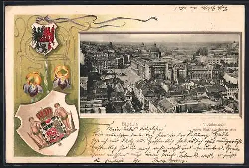 Passepartout-Lithographie Berlin, Totalansicht vom Rathausthurm, geprägtes Wappen