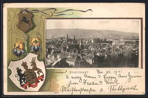 Passepartout-Lithographie Stuttgart, Stadtpanorama, Wappen und Schwertlilie