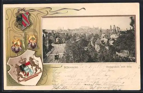 Passepartout-Lithographie Nürnberg, Stadtgraben mit Burg, Wappen und Schwertlilie