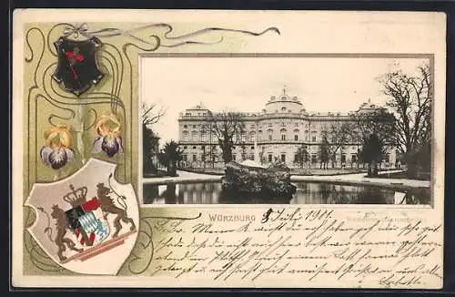 Passepartout-Lithographie Würzburg, Gartenseite der Residenz, Wappen und Schwertlilie