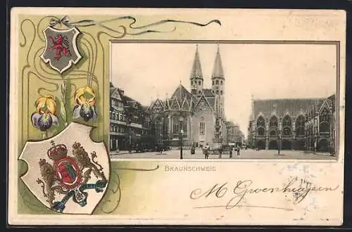 Passepartout-Lithographie Braunschweig, Strassenpartie mit Kirche, Wappen und Schwertlilie