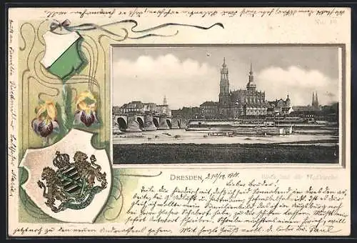 Passepartout-Lithographie Dresden, Blick auf die Hofkirche, Wappen und Schwertlilie